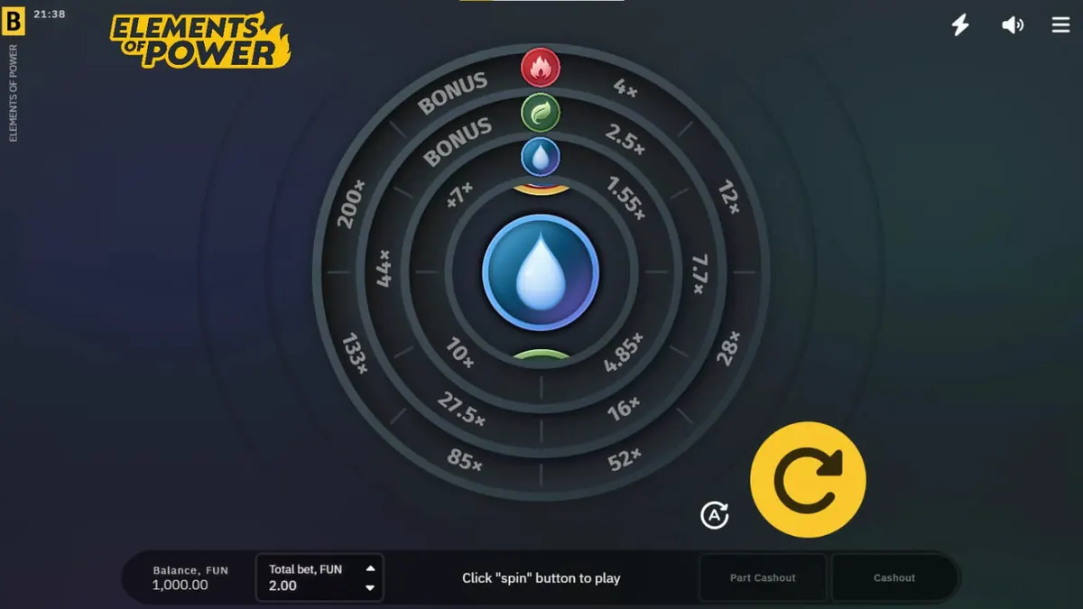 Tampilan antarmuka permainan slot Elements of Power dengan elemen alam yang bercahaya